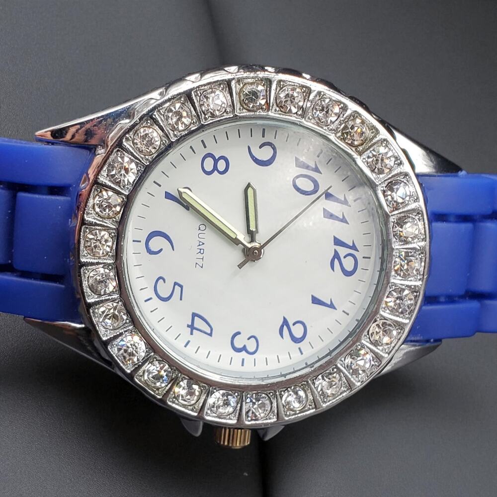 Womens Watch Blue Silicone Band Rhinestone Bezel Quartz Fashion Casual